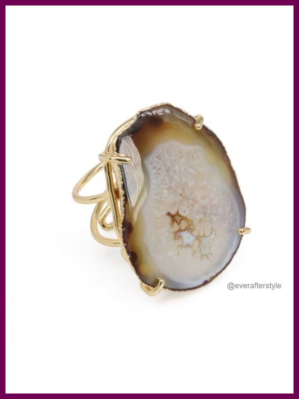 Agate Geode Slice Statement Ring Gold Electroplated Adjustable 30-40mm